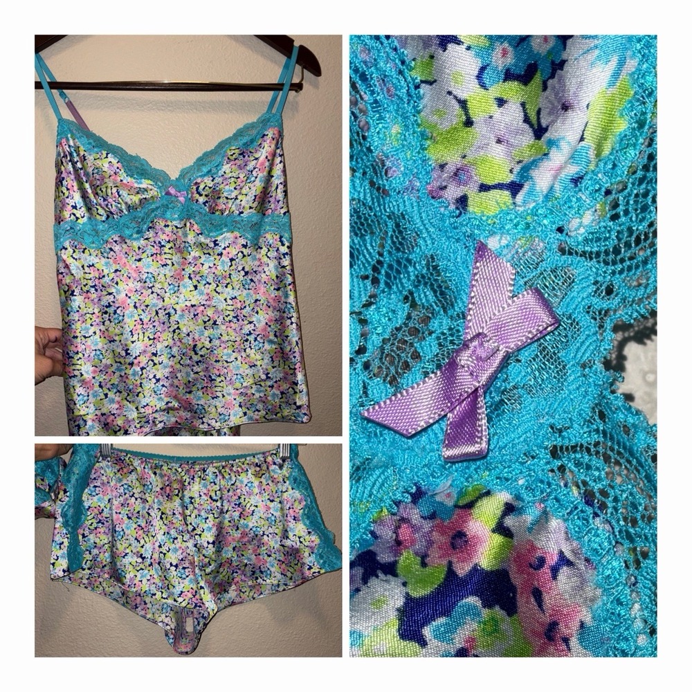 Victoria's Secret Satin Babydoll Cami Top Tap Shorts Pajama Set M Floral